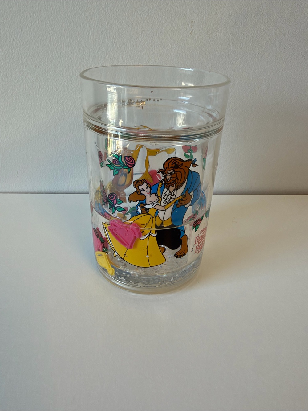Vintage Disney Beauty and the Beast Clear Plastic Water Cup with Glitter & Charm